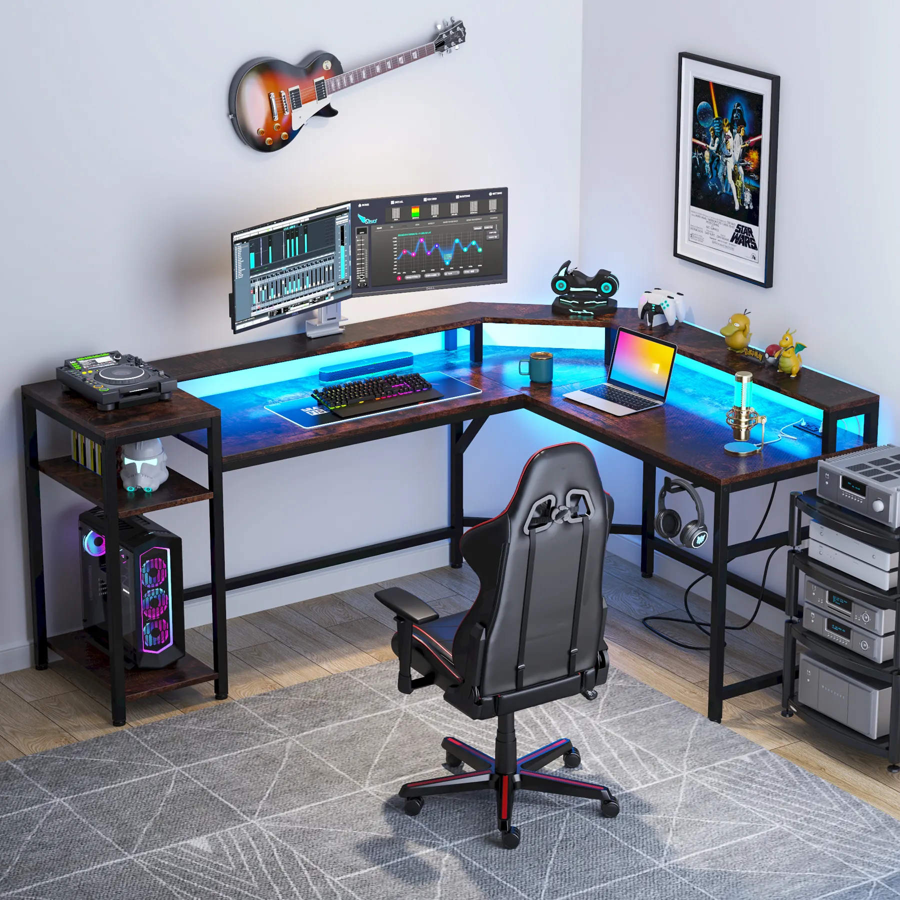 Computadora de escritorio de esquina grande en forma de L, PC, estación de trabajo grande, mesa de escritorio para juegos con tiras de LED