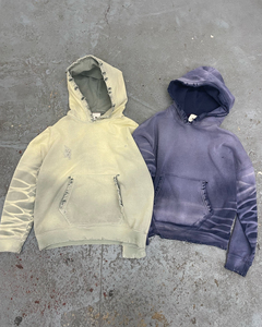 撕开380gsm男女通用重量级仿旧刺绣剪裁和缝制拉链复古贴片男士酸洗拉链连帽衫