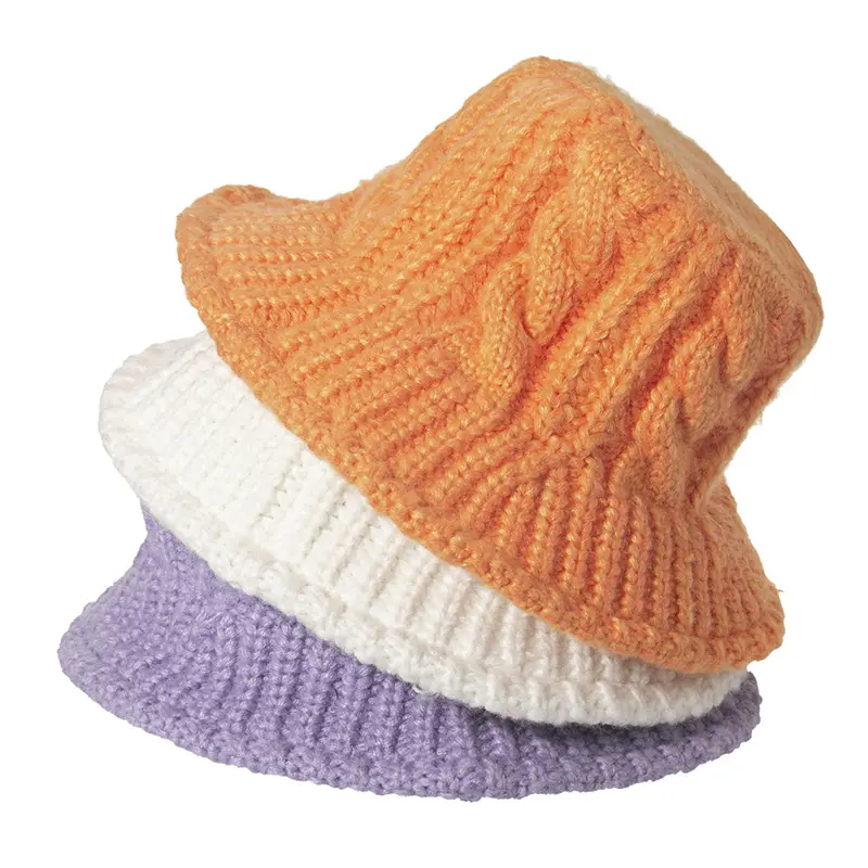 Fabricante personalizado logotipo diseñado cubo sombrero de punto cálido pliegue lindo trenzado pelo patrón ganchillo cubo gorra