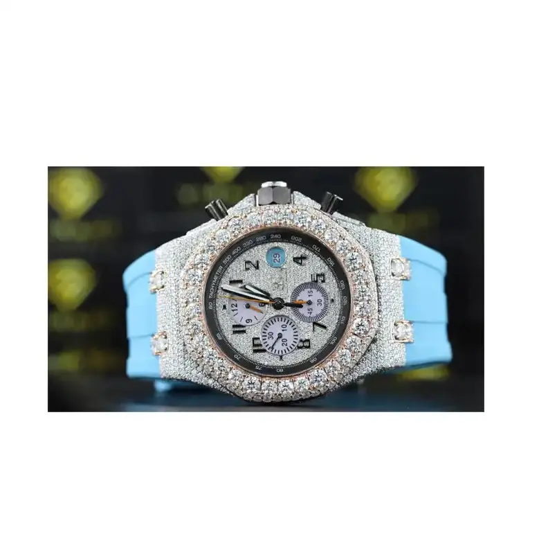 Top Quality Rubber Sky Dial Window Material VVS Clarity Moissanite Diamond Studded Automatic Watch for Export Sale