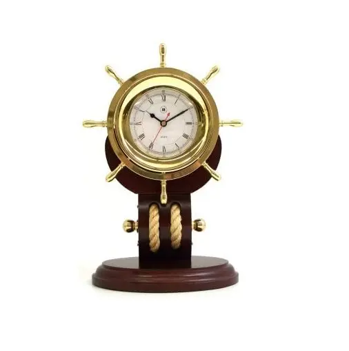 Reloj de cuarzo con ojo de buey de latón lacado de diseño personalizado con rueda de barco en madera de roble marrón