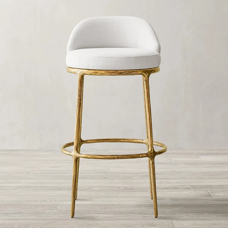 THADDEUS Customize Hand Forged Golden Metal Frame Hammered Finishes Bar Chair White and Gold Fabric Bar and Counter Stool