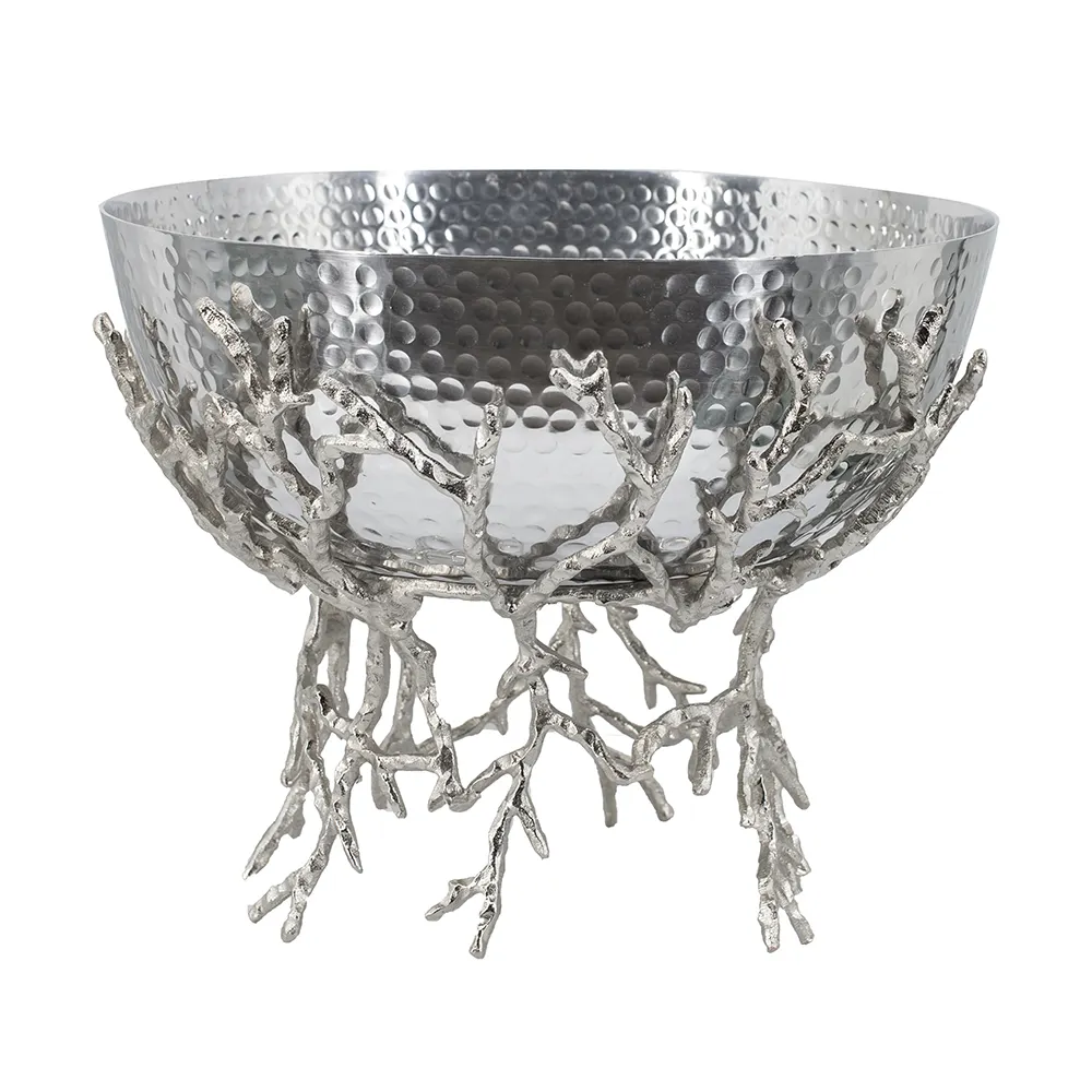 Hammered Silver Serving Bowl With Twig Stand For Great Versatility Including Contemporary Chic And Boho Themed Spaces