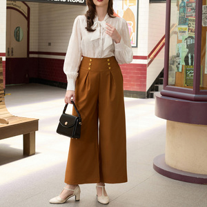 OEM Elastic Waist Buttons Decorated <strong>Palazzo</strong> Wide Leg Pants Women'S Vintage <strong>Trousers</strong> - Product Image 4