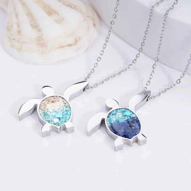 Praia Sea Turtle Charms Oceano Colar Chip De Aço Inoxidável Gemstone Turquesa Pedras Quebradas Colar Tartaruga