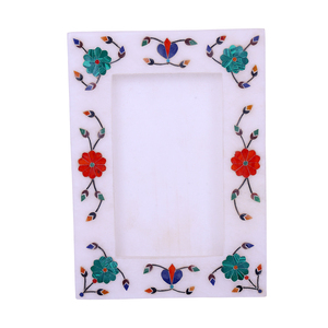 Polished White <strong>Marble</strong> 6\&quot; Photo Frame with Multi-Color Inlay Design Stone Material - Product Image 1