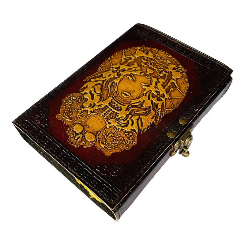 Celtic Lion head Women Vintage leather journal notebook book of shadows brown with yellow deckle paper handmade gift cover plann