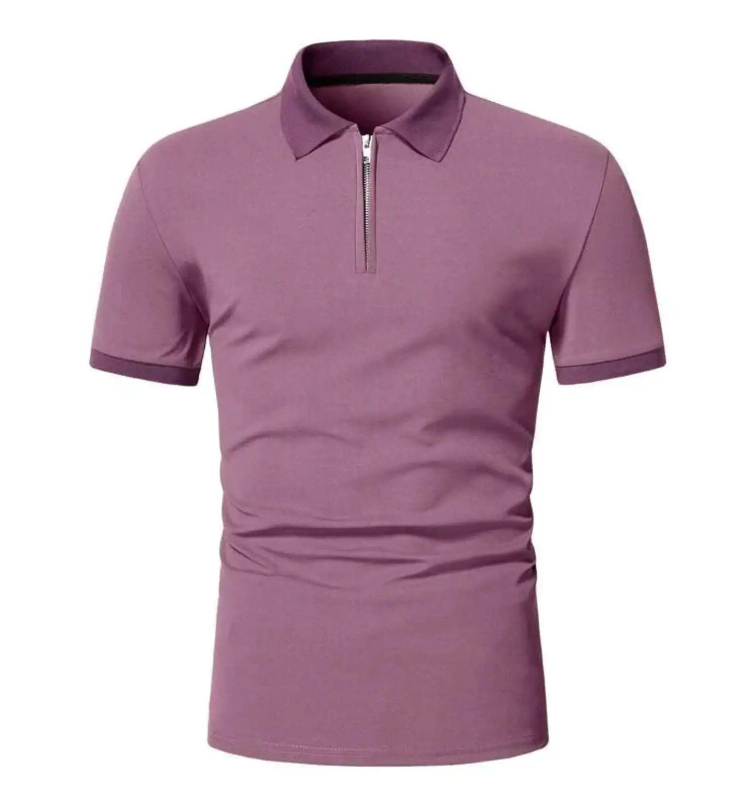 Camisa polo unisex de malha piquê roxa respirável estilo casual com zíper e costura contrária para homens e mulheres, 2024