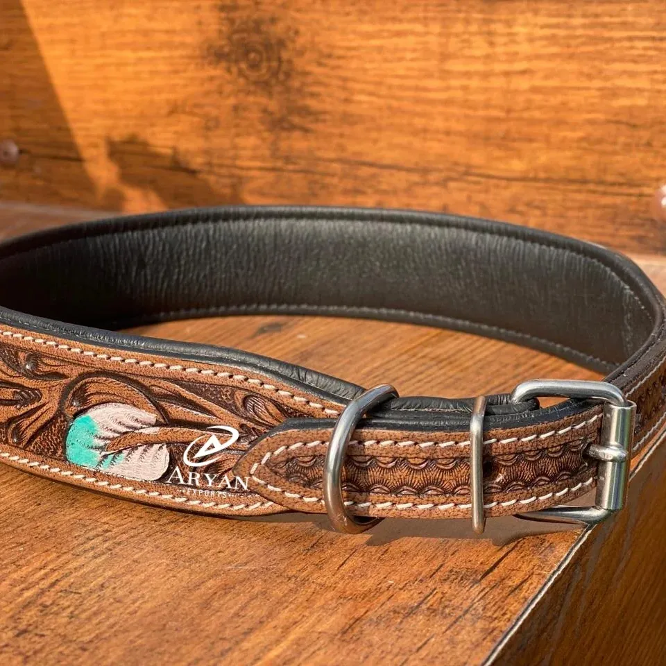 Neuzugang Western Handtoolen 100 % echtes Leder einstellbares Hundehalsband für Haustier personalisiert graviert gepolstert Hund Welpen-Halsband