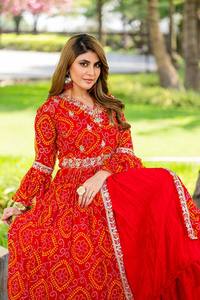 デザイナーの伝統的なスタイルオレンジBandhaniプリントフリルLehengas Choli Dupatta Indo Western <span class=keywords><strong>Ghagra</strong></span>トップパーティーウェア