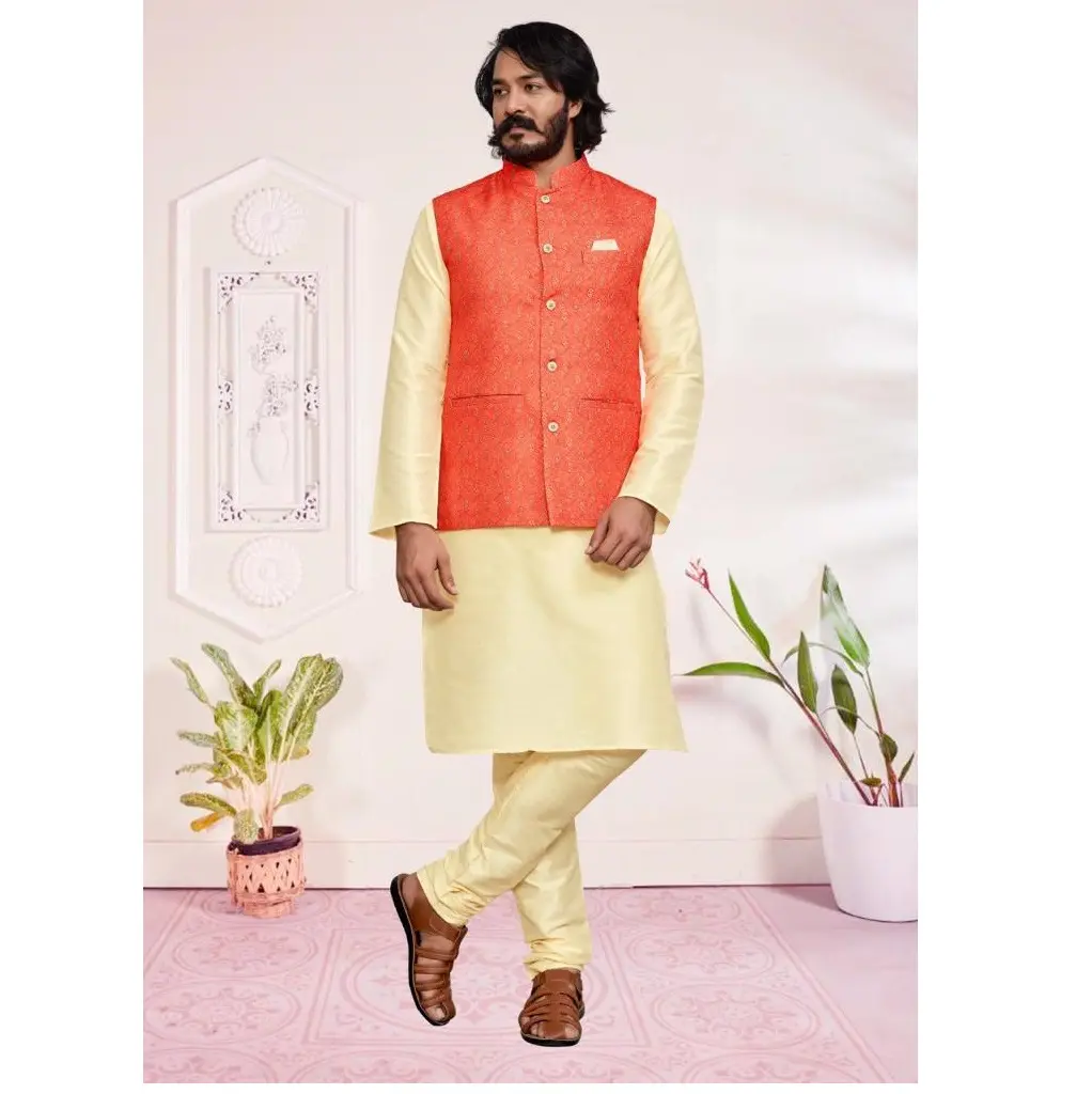 Pesta Pernikahan pakaian kasual sutra Kurta, celana, Set Koti untuk pria siap untuk memakai kualitas terbaik dengan harga terendah pemasok India
