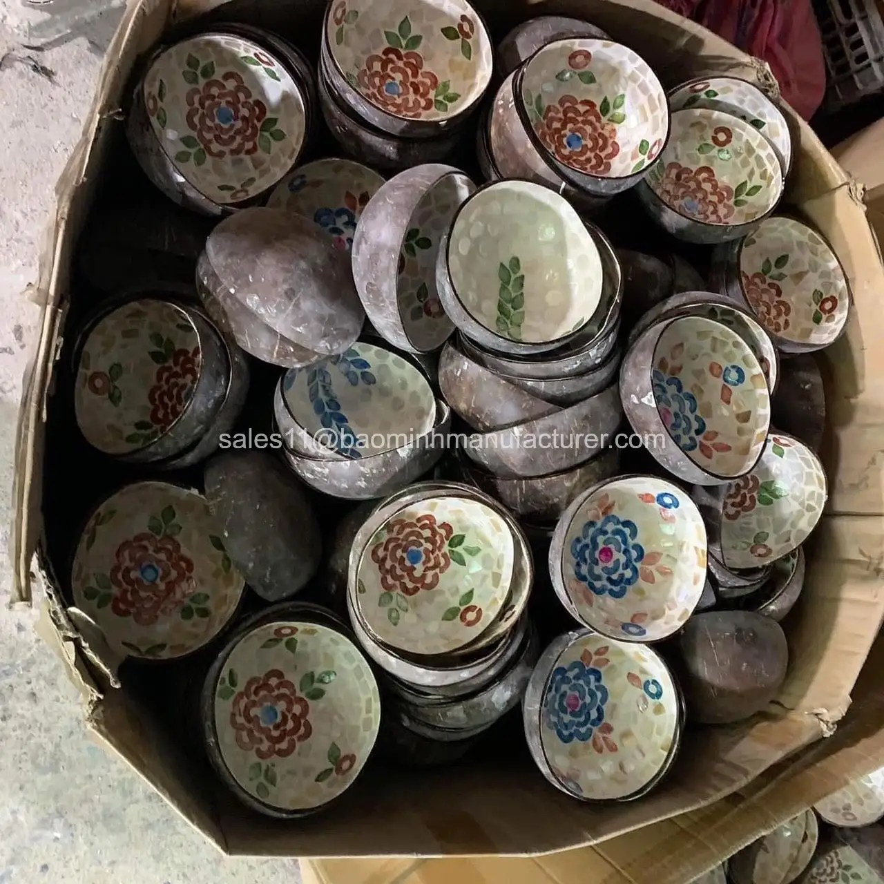 Cuenco de coco SeaShell con diseño vintage ecológico natural, cuencos de cáscara de coco vietnamita, pintura de laca de cuenco de coco
