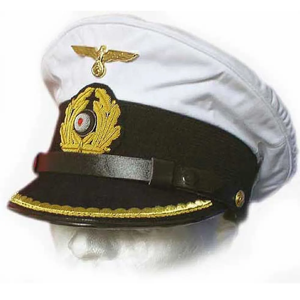 หมวกแหลมทหารเรือเยอรมัน WW2สำหรับ Kreigsmarine ในผ้าฝ้ายสีขาวและผ้าขนสัตว์สีน้ำเงินเข้มเช่นเดียวกับกาบาร์ดีน