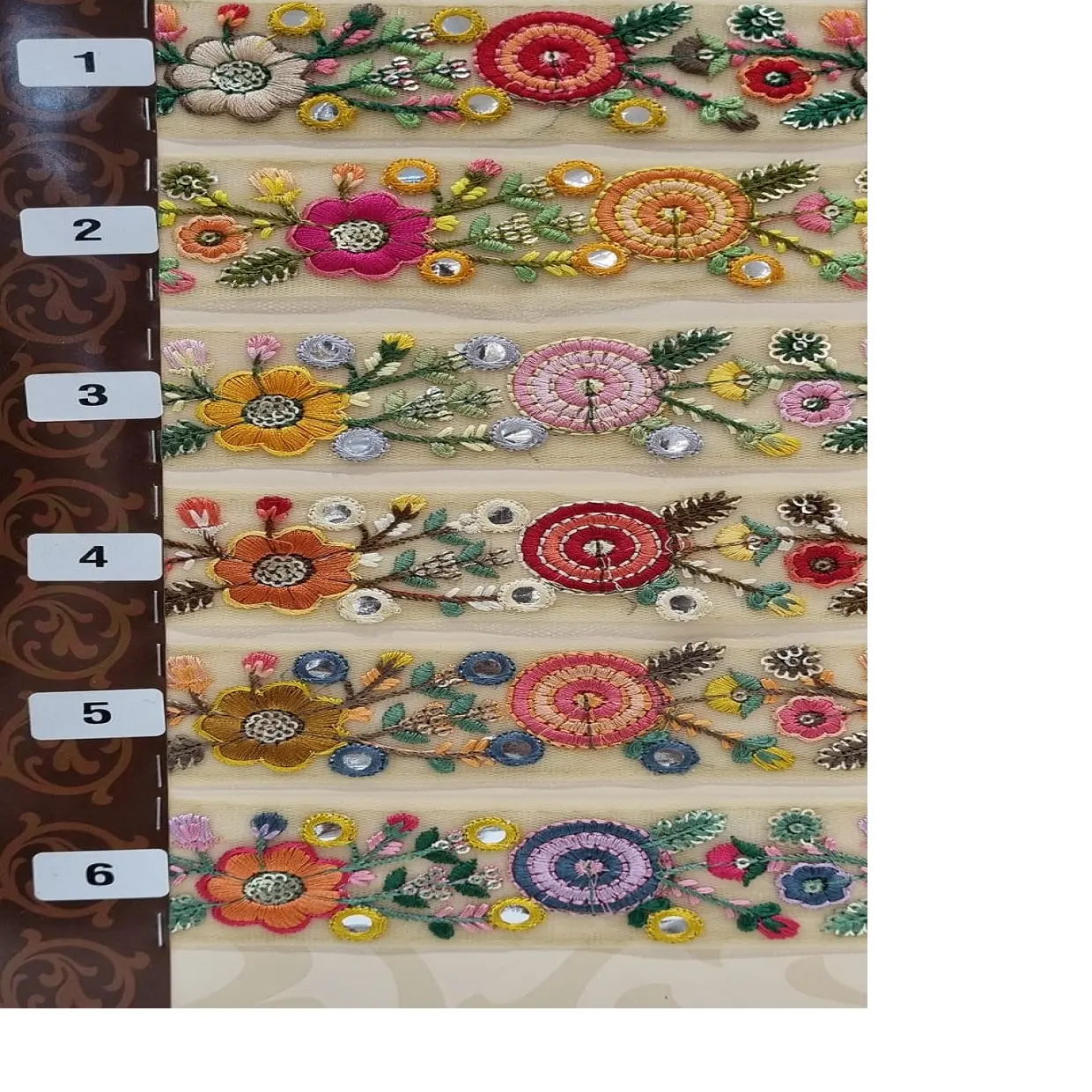1.5インチ幅のミラーワーク刺繍のマルチカラーオプションを備えた花柄刺繍糸ワークレースでカスタムメイド