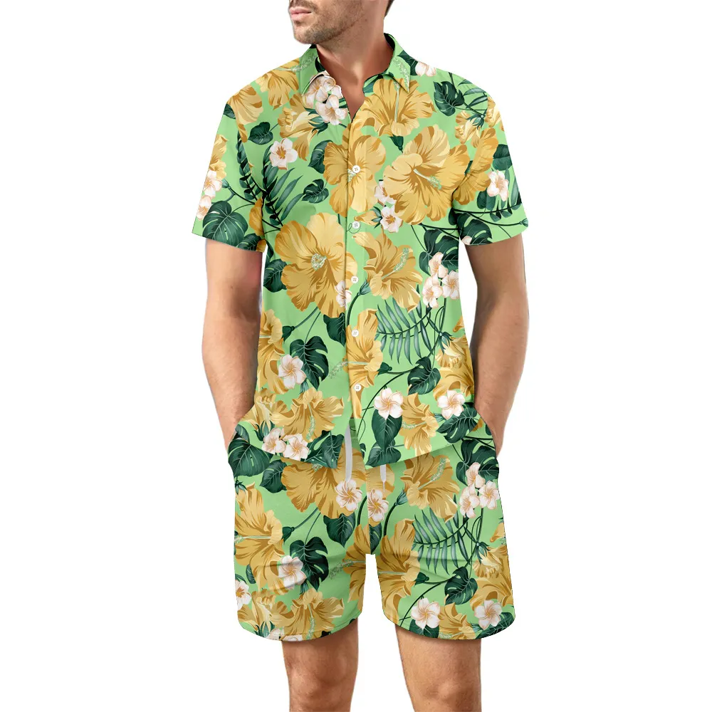 יצרן משי סאטן סטים ללבוש חוף קיץ חולצות הוואי וסט קצר לגברים
