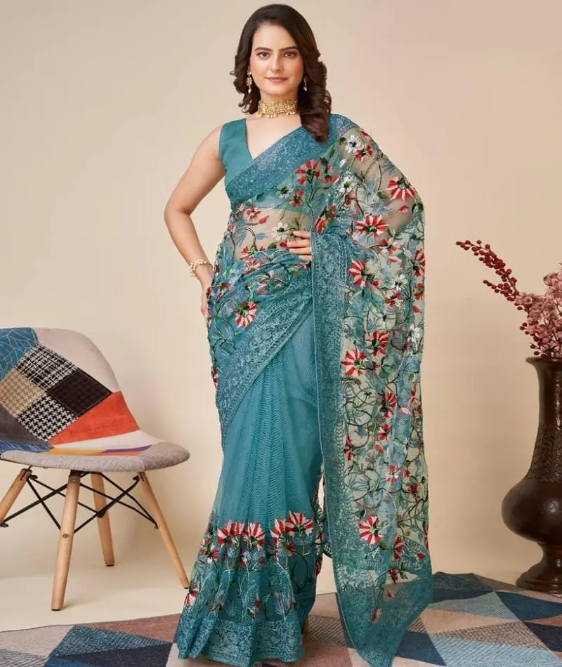 Indian Ethnic Wear Multi Color Chikankari Embroidery Design Saree com tubulação de fronteira e Voltar Lace on Saree e Blusa para As Mulheres