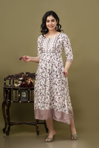 现代传统设计师人造丝Anarkali Kurti最新梭织箔印花刺绣作品出口价格 - Product Image 3