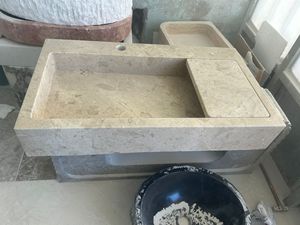 2025天然石材水槽石灰华大理石石灰石水槽100% 天然石材圆形水槽洗手盆沐浴哑光厨房用火鸡