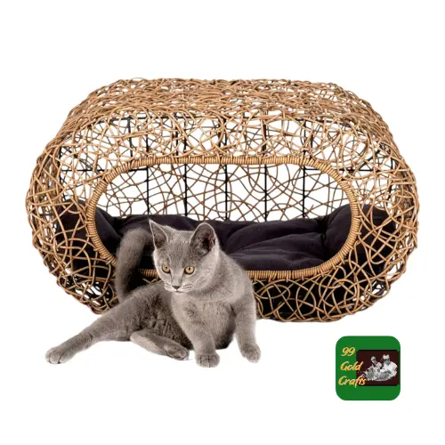ヴィンテージ籐籐ペットベッドクッション付き/手織り籐隠れ家家猫の木/猫のためのおもちゃをぶら下げている天然ペットハウス