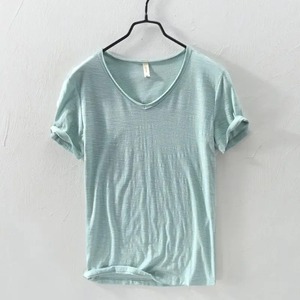 2023 Verão Novo 100% Algodão Branco T-shirt Masculino V-neck Cor Sólida Casual T Shirt Básico Tees Plus Size 3XL Manga Curta Tops
