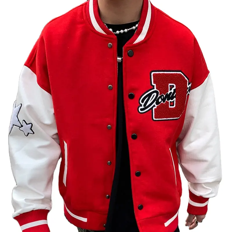Oem-chaqueta de cuero personalizada para hombre, chaqueta de chenilla bordada, estilo aviador, béisbol, Vintage, Letterman