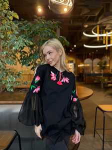 热卖女士波西米亚休闲o领衬衫刺绣碎花长袖女士黑白乌克兰刺绣衬衫