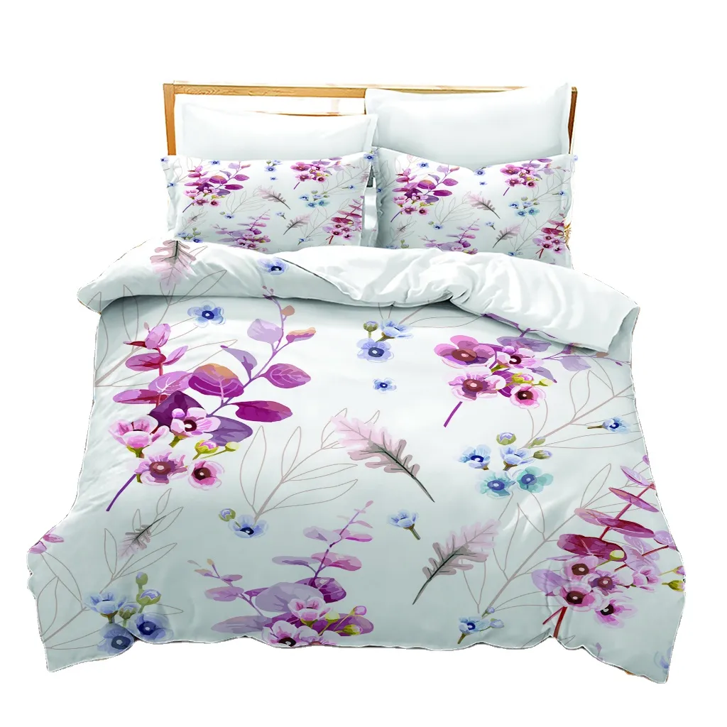 Luxo cama de casal quente King consolador conjunto personalizado impresso planta padrão algodão 4 peças cama consolador conjuntos atacado
