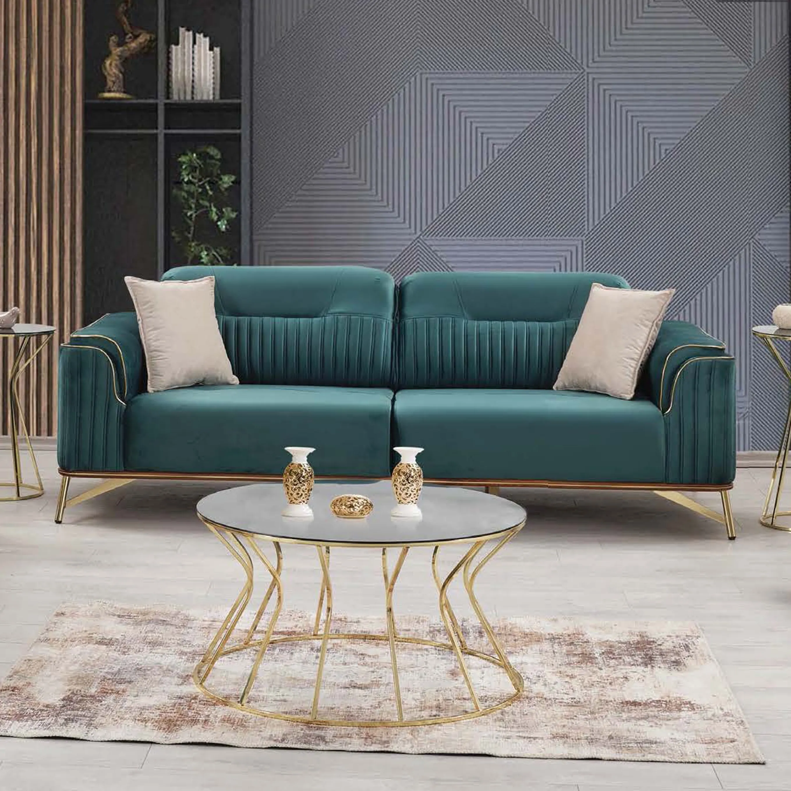 Juego de muebles de sala de estar modernos sofá cama terciopelo verde tela inoxidable muebles turcos Chesterfield entrenador con cama