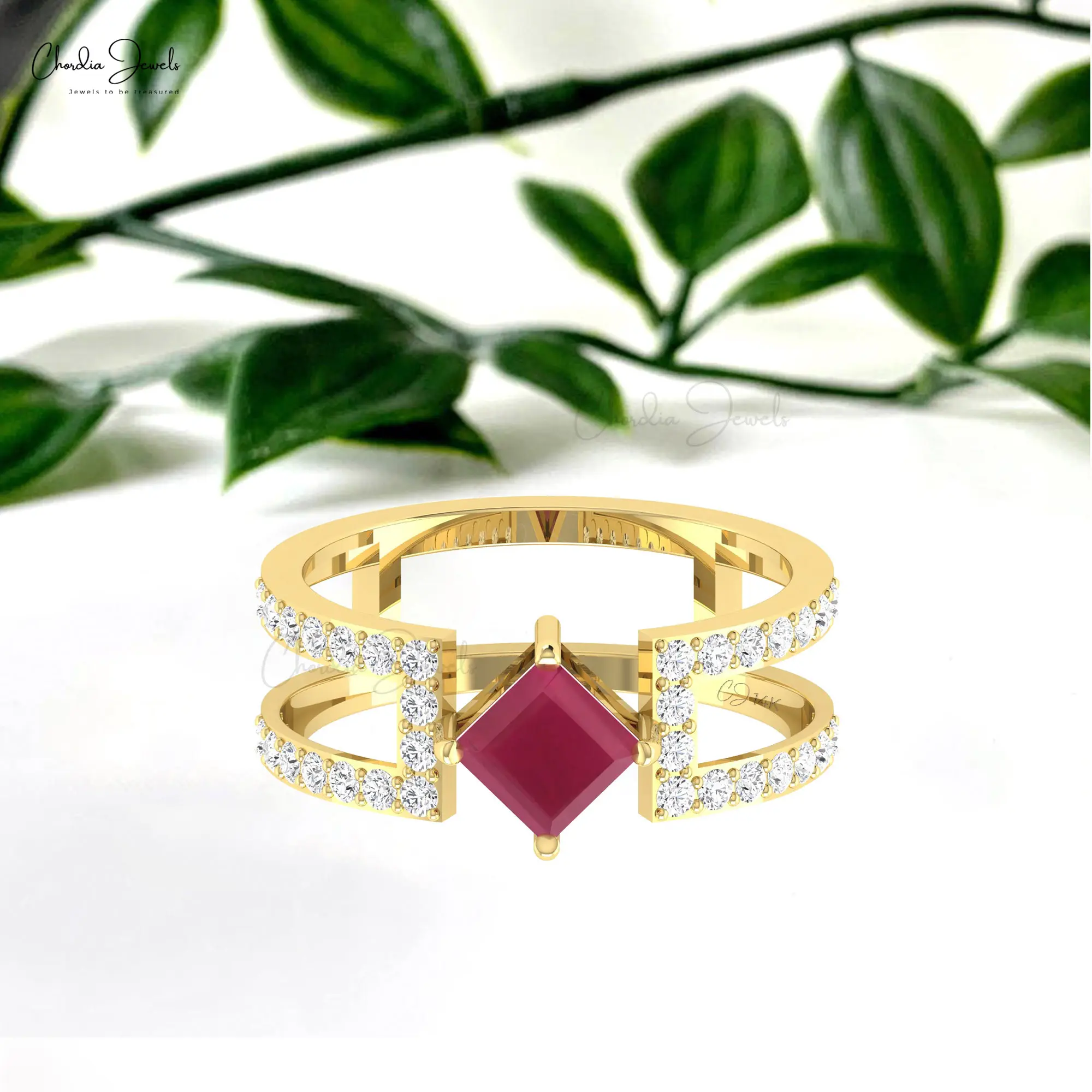 Anillo de vástago dividido paralelo 14K oro sólido anillo de dos piedras 5 mm corte cuadrado rubí y anillo de diamante blanco fabricante de joyas