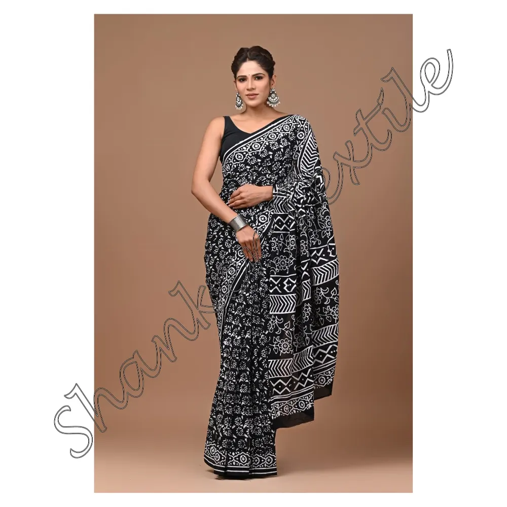 Saree estampado con blusa Hermosa Jaipuri Algodón Mulmul Saree con blusa Bloque de mano Estampado Sari indio con blusa para mujer