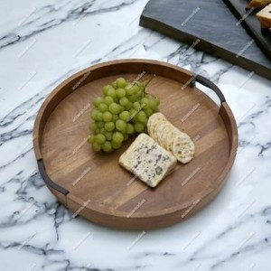 不同尺寸带孔手柄圆形复古竹木托盘早餐派对饮料小吃白酒服务拼盘