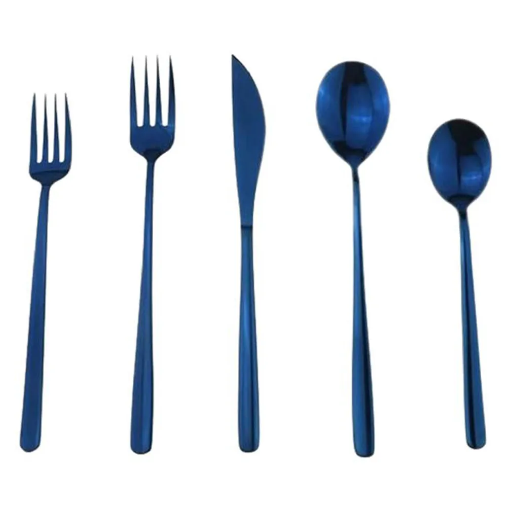 Cubiertos azules Cuchillo de acero inoxidable Cuchara y tenedor Juego de cubiertos de 5 piezas a precio barato de la India
