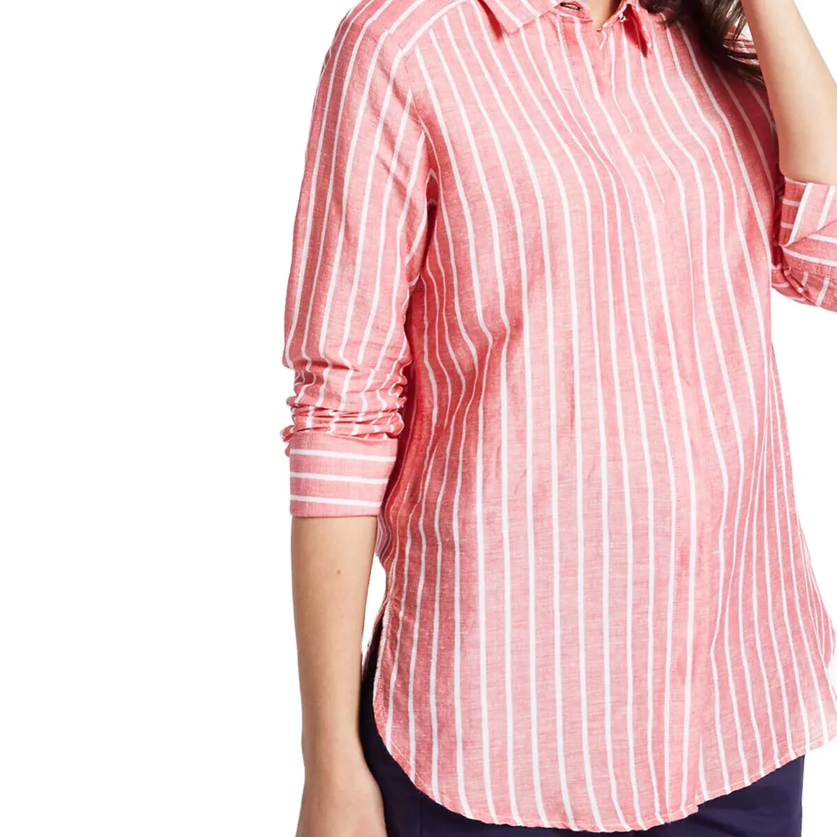 OEMブラウスシャツプラスサイズのピンクのリネン長袖ストライプ女性のための最高品質の卸売シャツODM