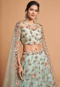 Özel yeni tasarımcı Firoji renk Modern hint Lehenga Choli bluz yumuşak Sari ağır Net dizisi nakış düğün partileri - Product Image 6