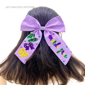 Girl Mardi Gras Leather <strong>Bows</strong> Pigtail Purple <strong>Gold</strong> and Green Tail <strong>Bows</strong> for Girl - Product Image 4