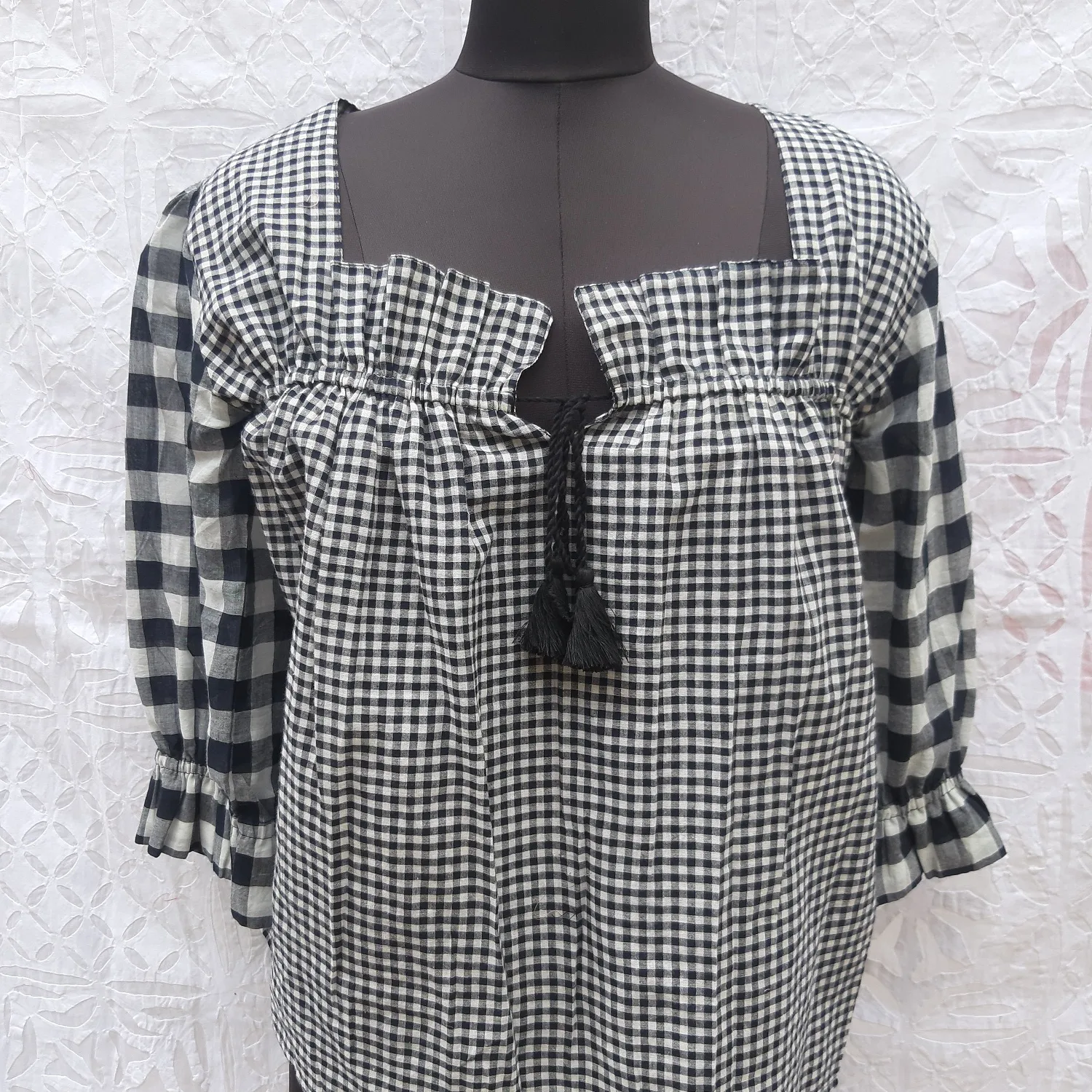 Blusa superior estampada con bloque de mano de algodón a la moda con escote cuadrado, Top de manga corta para ropa informal, ropa de mujer