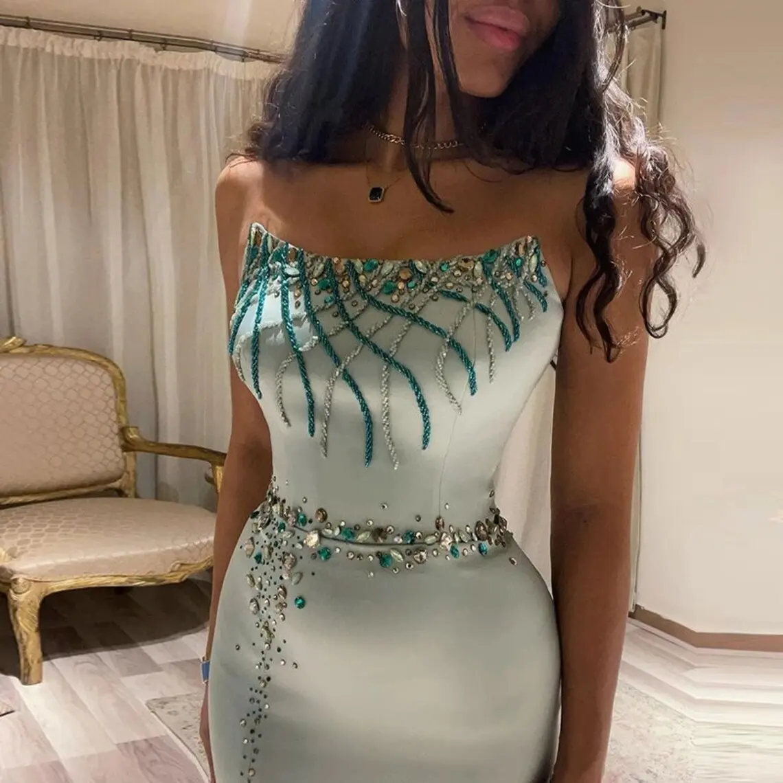 Vestido de noche de cristal con cuentas turquesa para mujer, fiesta de boda, elegante, largo, sirena, vestido de graduación Formal