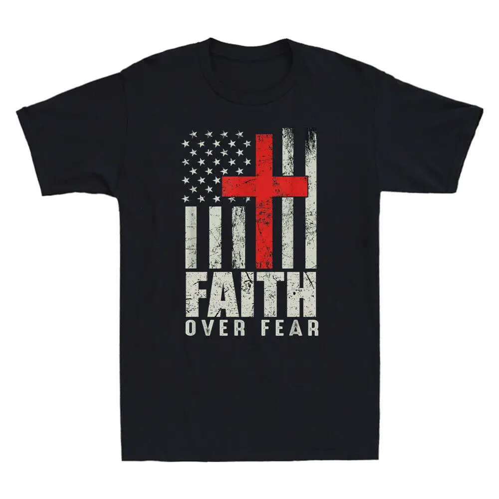 Camiseta fé sobre o medo retro américa bandeira dos eua, cruz cristã jesus masculina engraçada