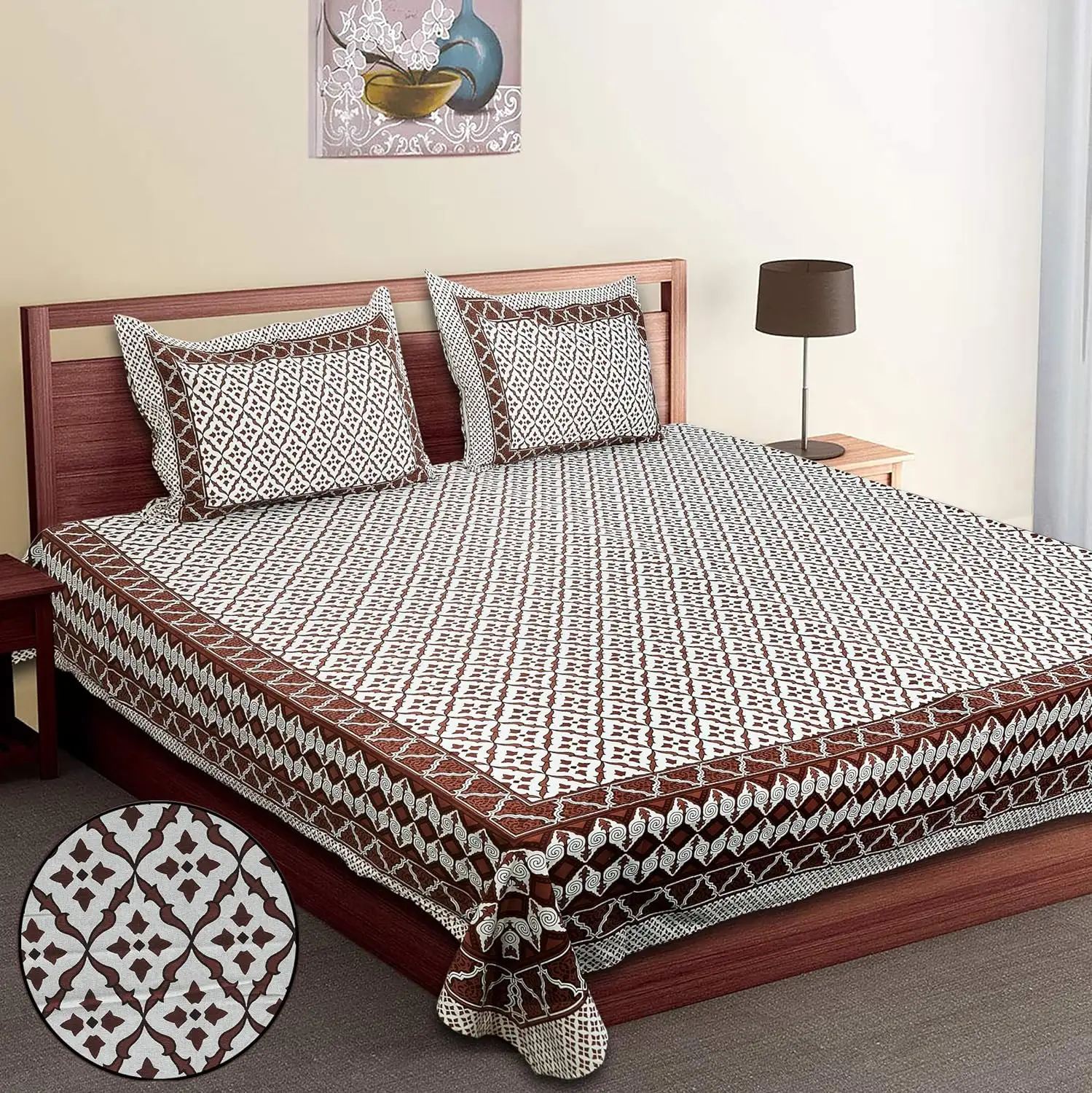 Rangasthali Jaipuri clásico elegante étnico Kalamkari Barmeri estampado doble sábana de algodón funda de cama Colchas con dos almohadas Cas