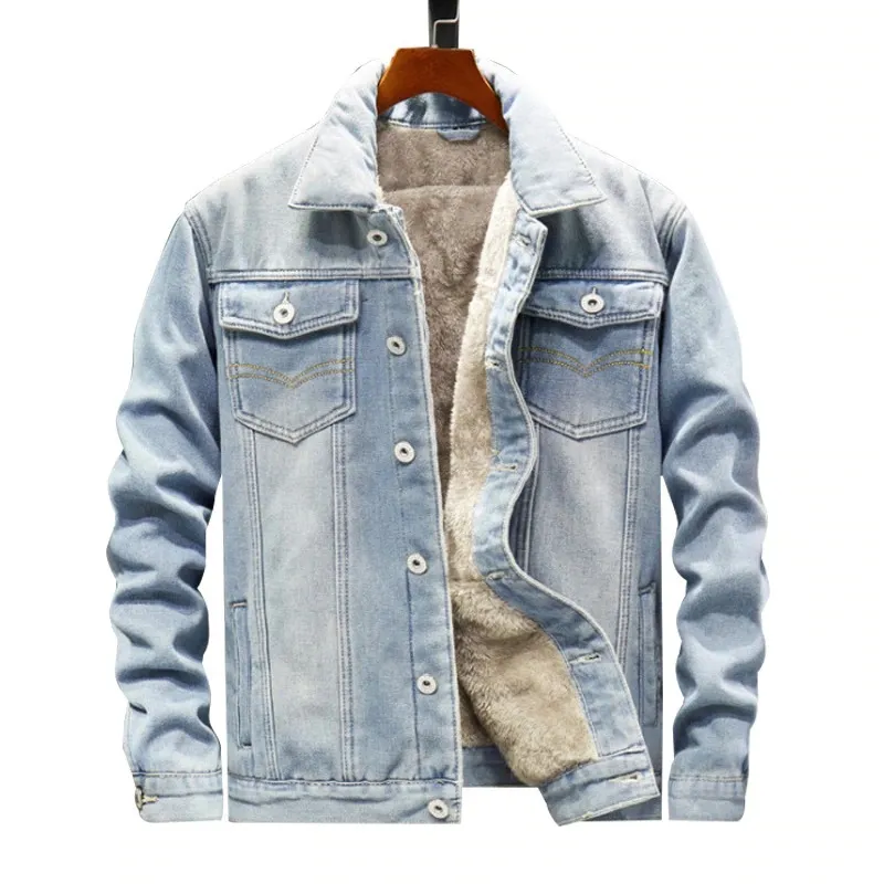 Özel yapılmış erkek uzun streç Denim ceket erkekler Jean ceket erkekler için pamuk mavi kış düz Denim ceket artı boyutu