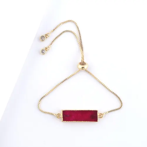 Accesorio de moda Jade rojo natural y Bola de circón caja ajustable pulsera de cadena Latón chapado en oro amarillo pulsera de bloqueo deslizante