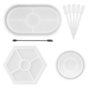 1pc树脂托盘模具套装，带4个杯垫模具和2pcs银手柄DIY家居装饰图案模型