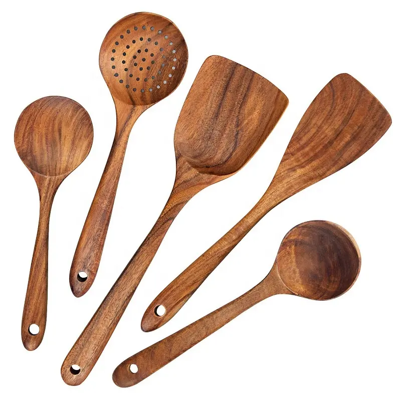 Venta al por mayor Natural Kitchen Top Sponsor Teak Acacia Mango Wood Artículo Utensilios Espátula Listado de alta calidad y juego de cucharas de madera