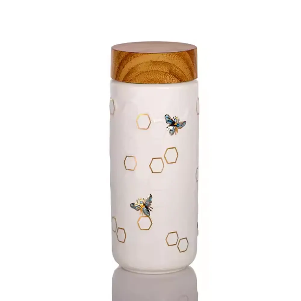 ספל נסיעות קרמי של דבורת דבש חיה אצרה/זהב 12.3 אונקיות עשוי בעיצובים מינימליסטיים יפים טכניקת חריטה מעולה