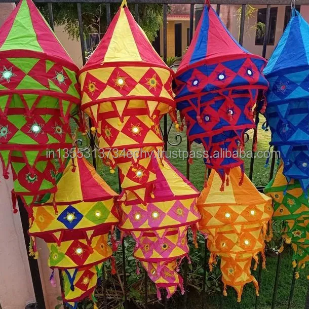 Estilo indiano artesanal atacado, decoração do casamento, espelho bordado, trabalho, multicolorido, lanternas de tecido