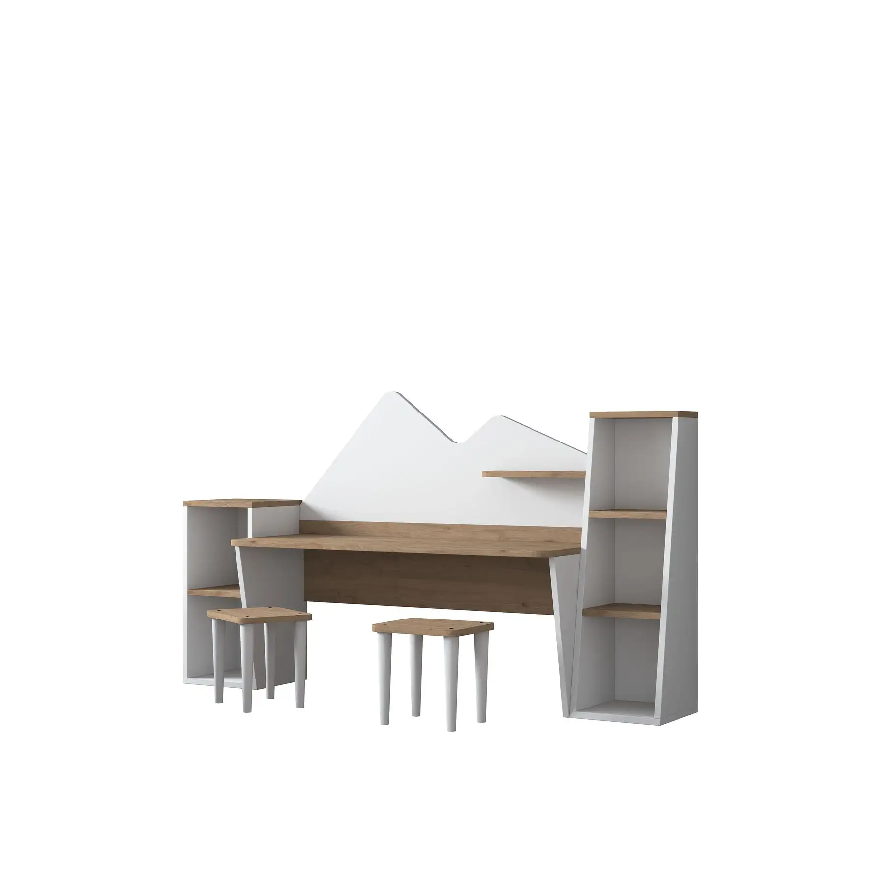Rani DL101 Conjunto de mesa e dois bancos para crianças, mesa para estudar e brincar, cor branca S-Walnut, móveis para atacado 2003