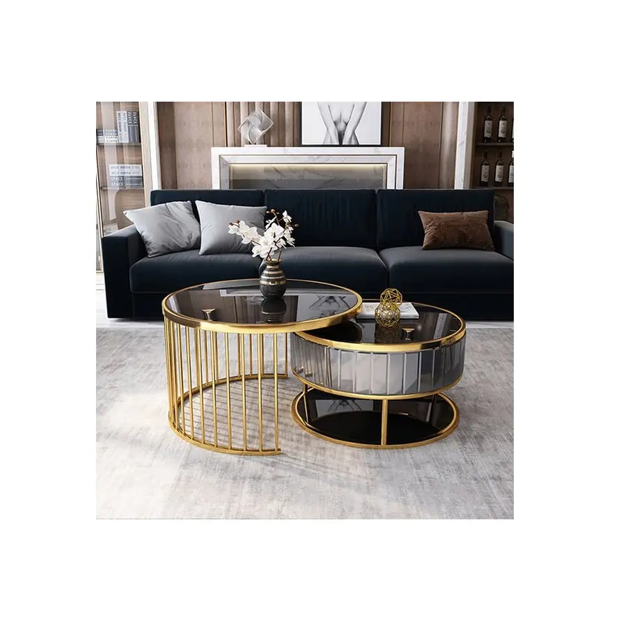 Стильный подстилочный столик из 2 предметов из черного закаленного стекла с золотым круглым основанием, сделано в Индии, лидер продаж