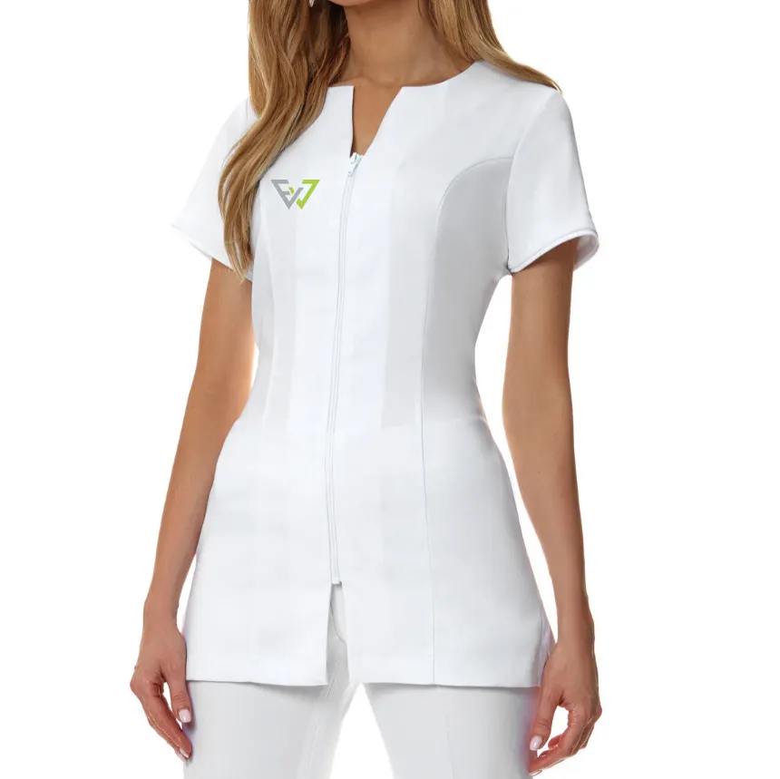 Túnica con cremallera frontal servicio OEM algodón poliéster personalizado spa uniformes mujeres salón de belleza túnica tops uniformes para spa