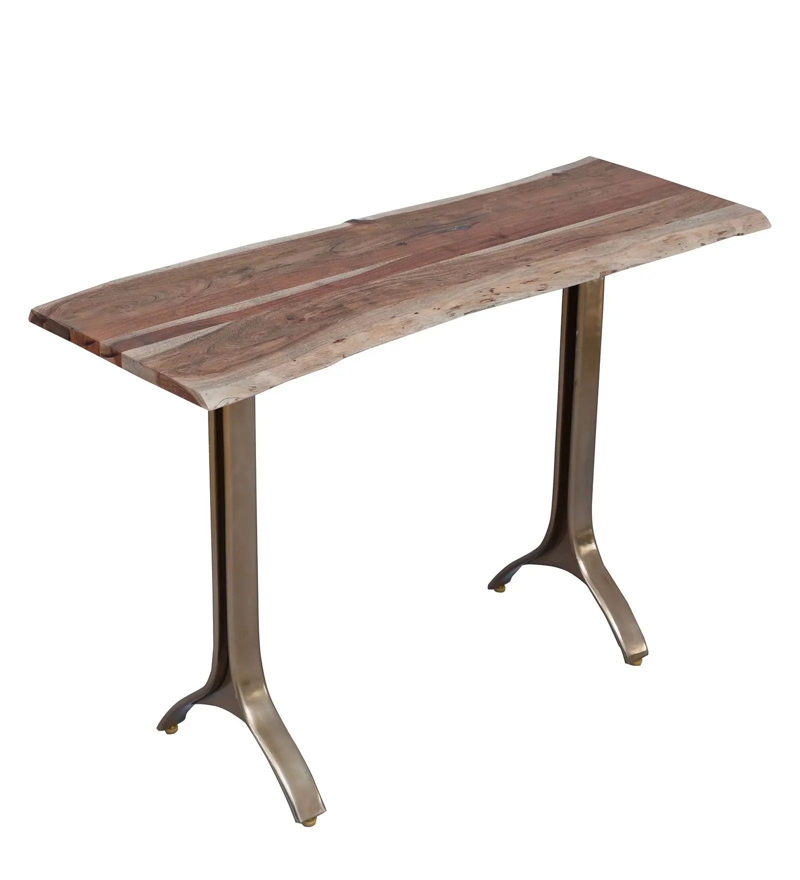 Madera de Acacia industrial con borde vivo, granos naturales de madera, diseño único, patas de acabado dorado, mesa de consola de entrada plegable para el hogar