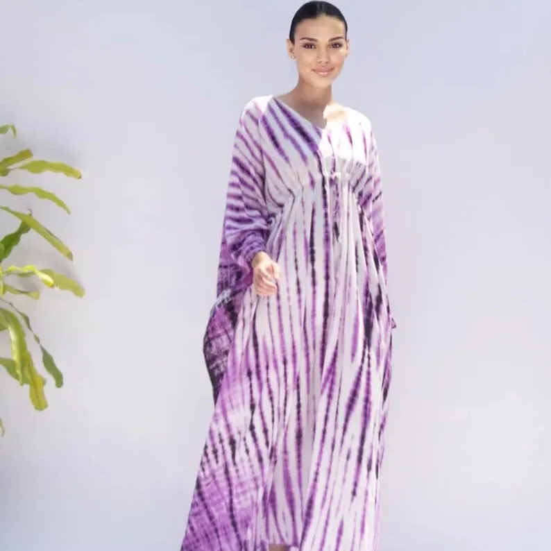 Kaftan bohemio con tinte de corbata, regalo para ella, vestido de verano, cubierta de playa, ropa púrpura de talla grande, ropa de resort, vestido Maxi kaftan